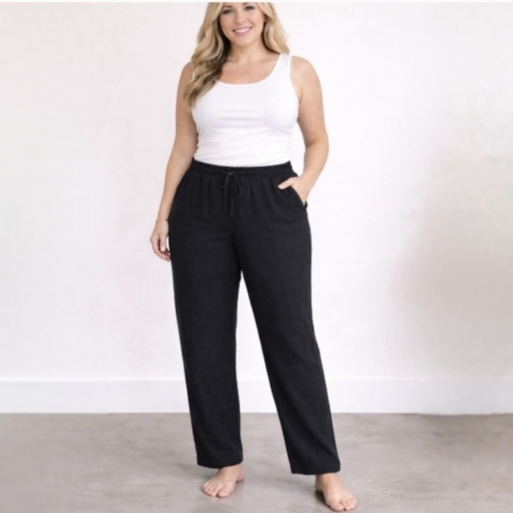 Alfred Dunner Linen Like Black Drawstring Waist Relaxed Fit Pants Size 12P